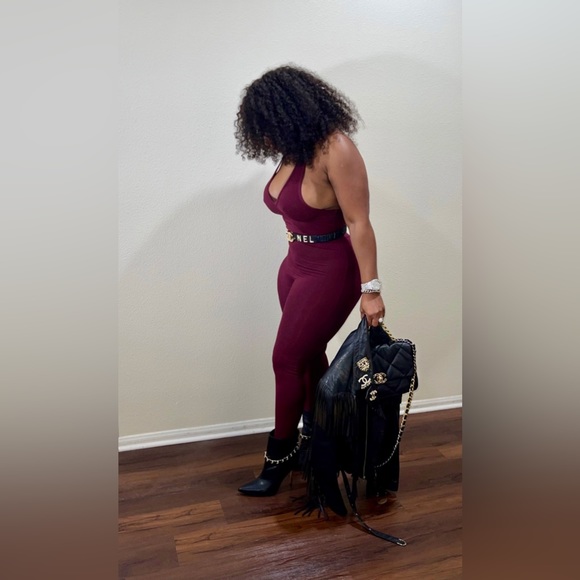 FASHION NOVA Standing Tall Ribbed Jumpsuit - Burgundy Size Large - Picture 8 of 8